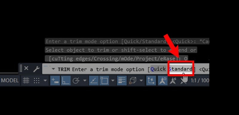 Chuyển lệnh Trim trong CAD về chế độ Standard Mode (Bước 2)