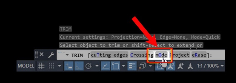 Chuyển lệnh Trim trong CAD về chế độ Standard Mode (Bước 1)