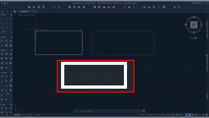 Kết quả vẽ hình chữ nhật trong CAD với bề rộng được định lượng