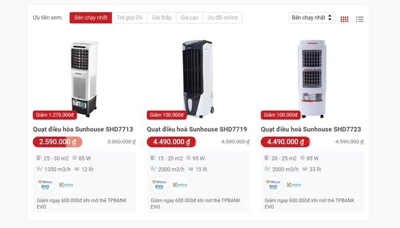 Giá quạt điều hòa Sunhouse tại FPT Shop