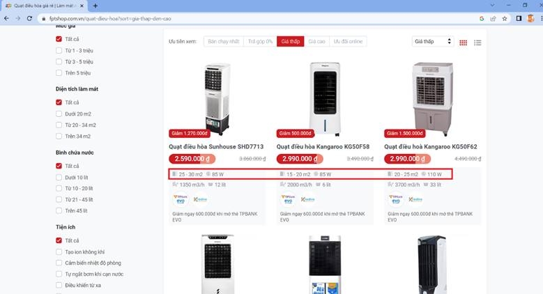 FPT Shop hiển thị thông tin diện tích làm mát của mỗi loại quạt