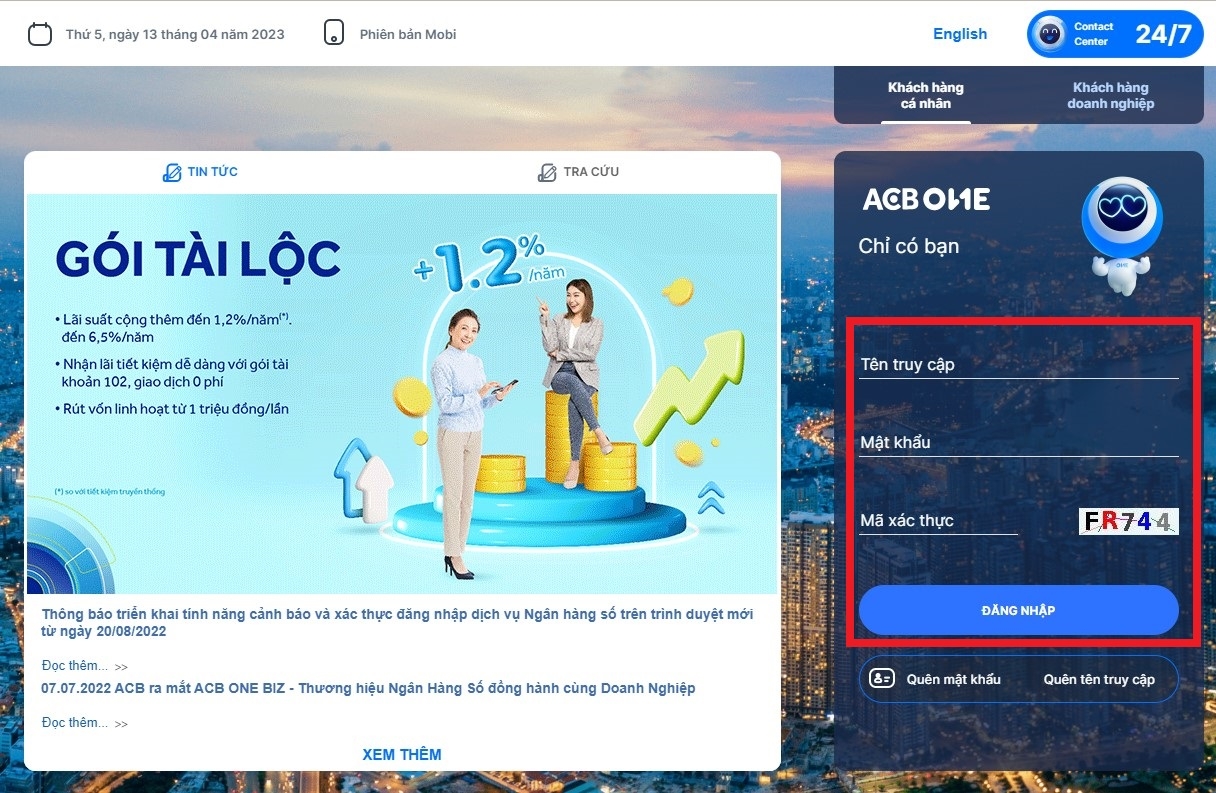 Kiểm tra số dư tài khoản ACB qua website