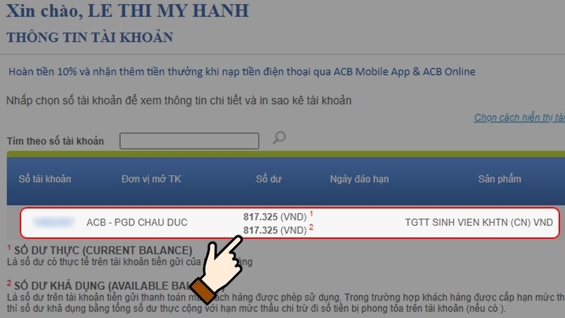 Kiểm tra số dư tài khoản ACB trên Website