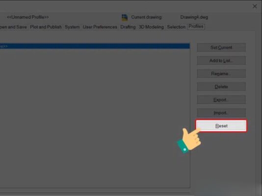Chọn Reset để đưa Autocad về mặc định