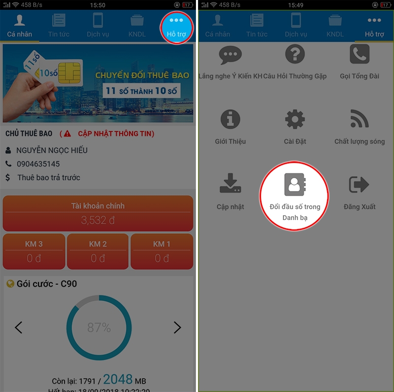 Chọn Đổi đầu số trong danh bạ