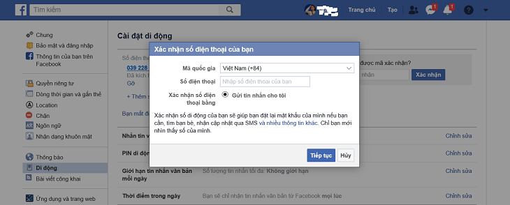 Nhập số điện thoại mới rồi ấn Tiếp tục