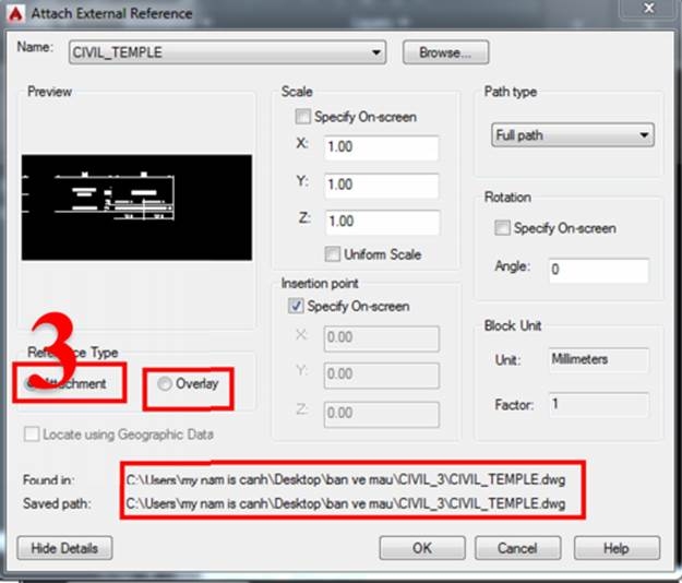 Chèn đối tượng Xref trong CAD (Bước 3)