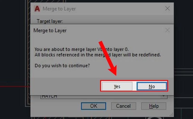 Dùng chức năng gộp layer để xóa layer trong CAD (Bước 3)