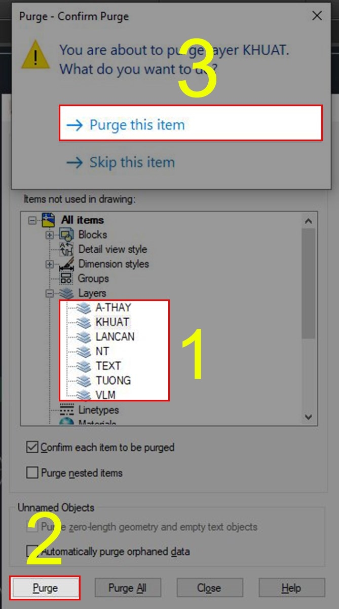Dùng lệnh Purge để xóa layer trong CAD (Bước 4)