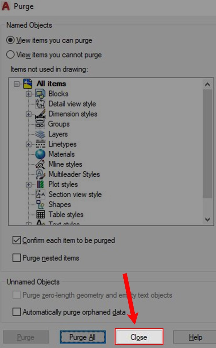Dùng lệnh Purge để xóa layer trong CAD (Bước 5)