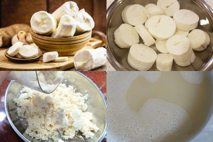 Rửa sạch và xay nhuyễn khoai mì để lọc lấy tinh bột