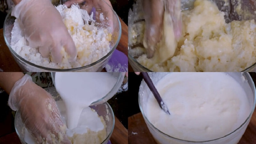 Trộn đều tinh bột khoai mì với sữa đặc và nước cốt dừa