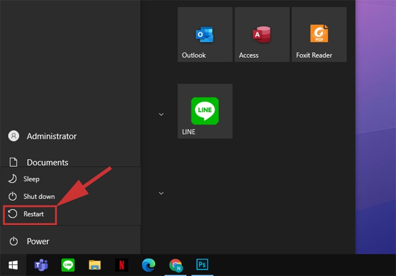 Bấm Restart để khởi động lại máy
