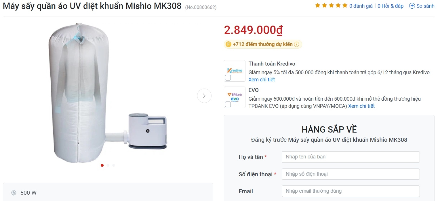 Giá máy sấy quần áo Mishio tại FPT Shop