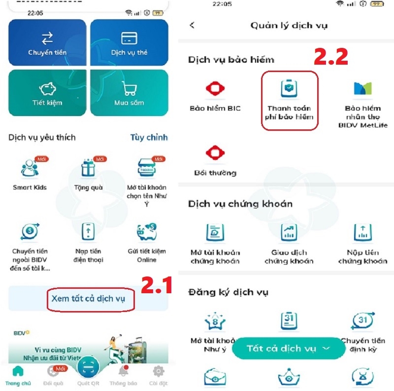 Xem tất cả dịch vụ, thanh toán phí bảo hiểm
