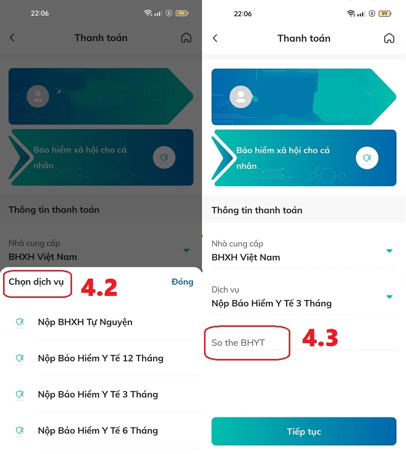 chọn dịch vụ, nhập số thẻ BHYT