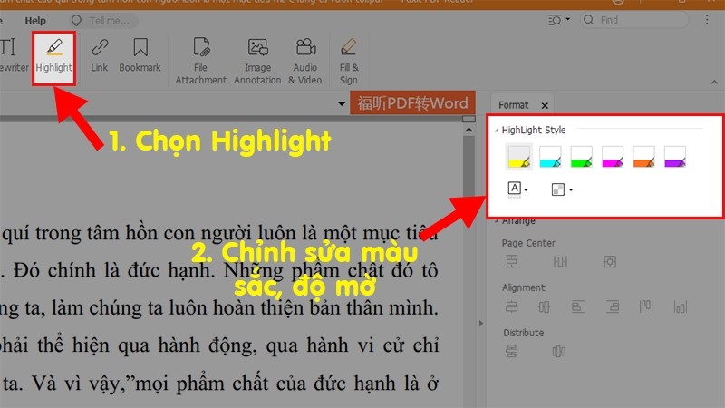 Chọn biểu tượng highlight, màu sắc, đường nét, độ đậm của highlight.