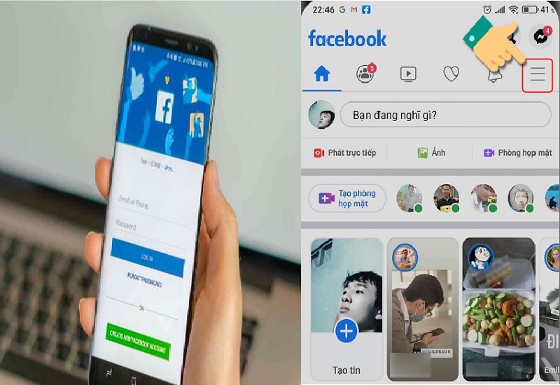 Mở ứng dụng facebook, chọn menu phía bên trái