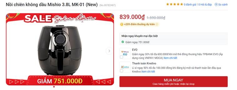 Giá nồi chiên không dầu Mishio tại FPT Shop cập nhật tháng 5/2023