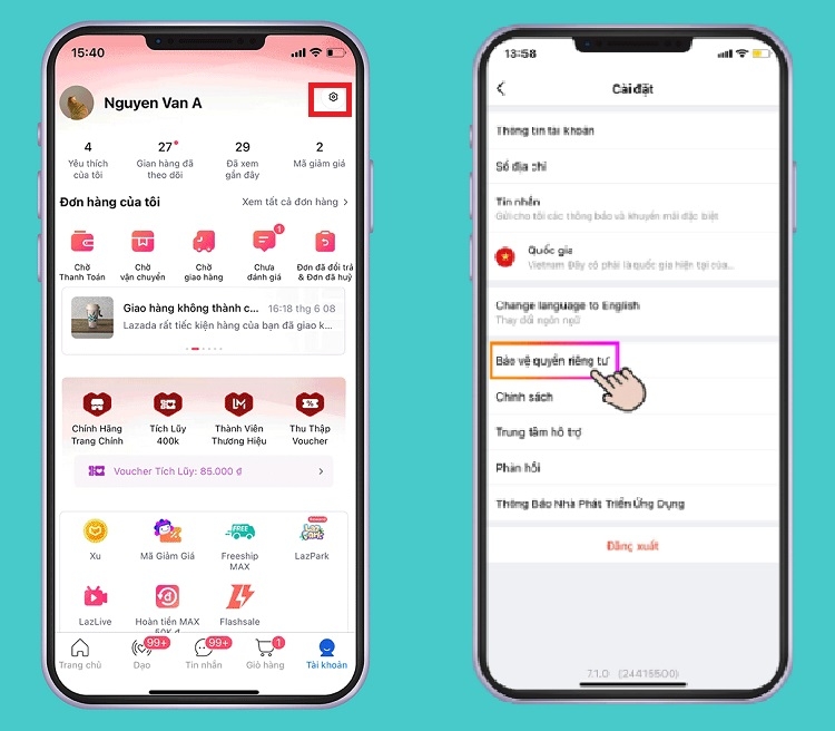 Vào Cài đặt và chọn Bảo vệ quyền riêng tư
