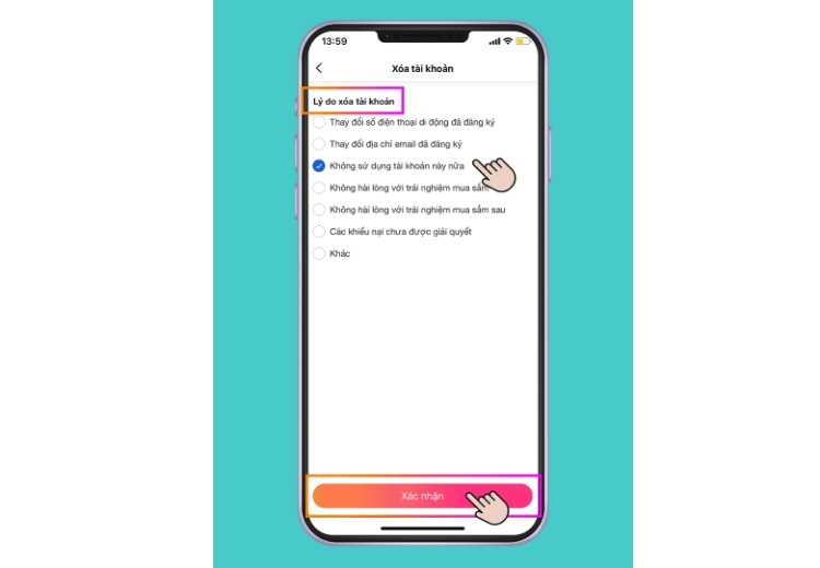 Chọn lý do xóa tài khoản
