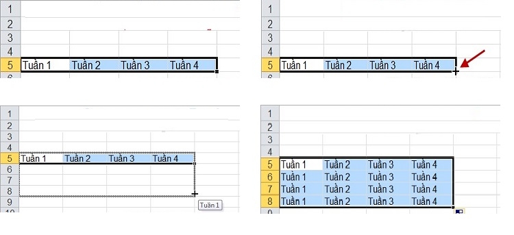Dùng chuột trái để copy, paste dữ liệu trong Excel