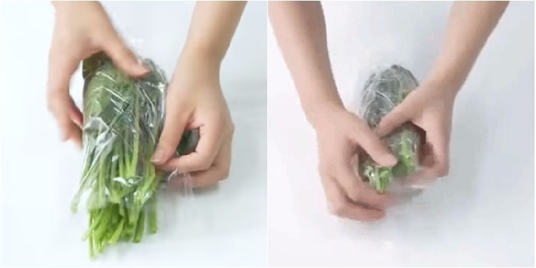 Quấn màng bọc thực phẩm quanh rau