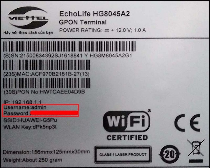 Username, Password ghi ở mặt sau Modem wifi