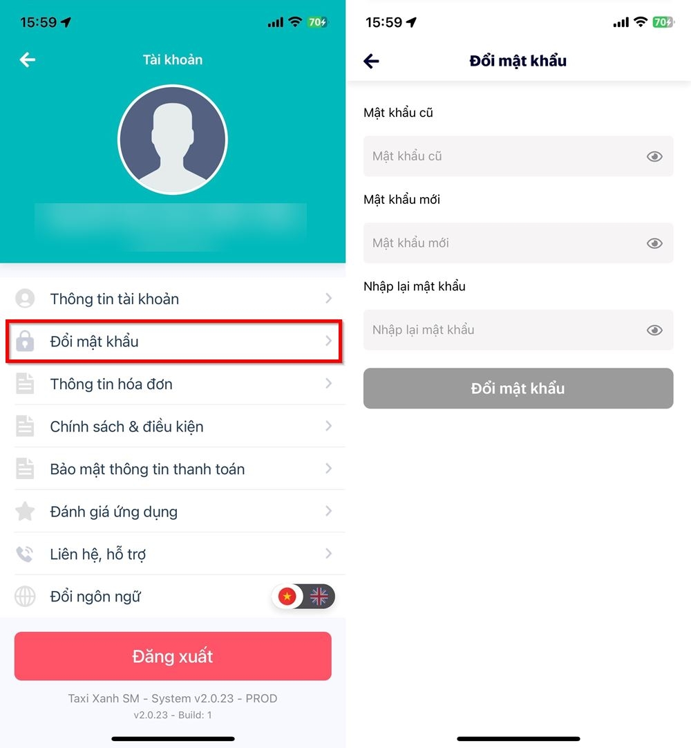 Cách thay đổi mật khẩu đăng nhập trên ứng dụng Taxi Xanh SM 2