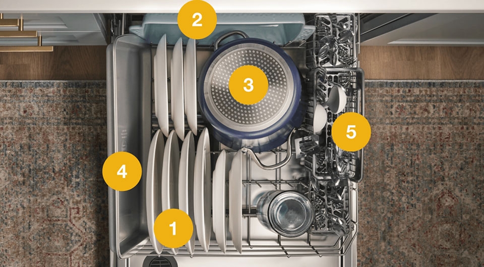 Xếp bát lớn, đĩa nướng và xoong nồi bằng thép lên giá dưới cùng