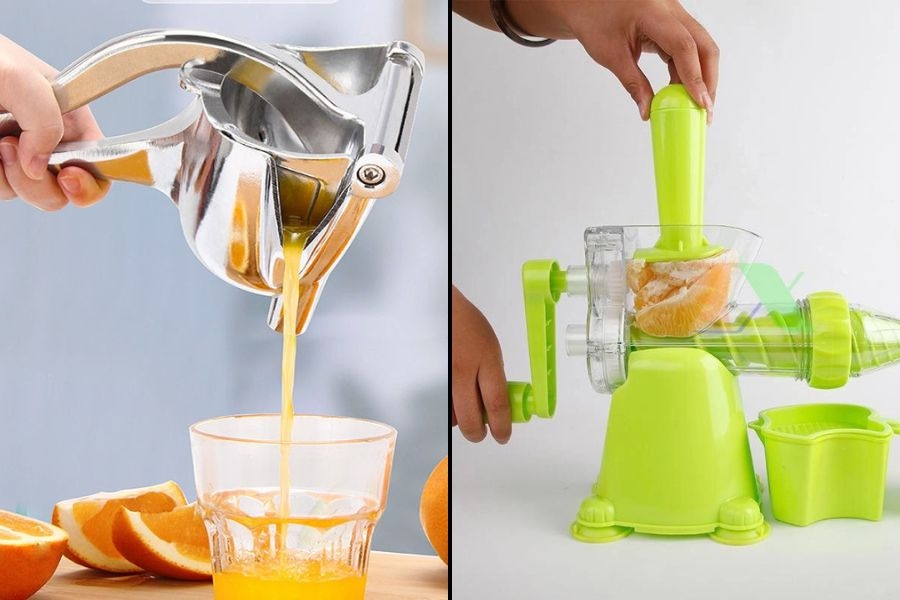 Máy ép trái cây bằng đòn bẩy (trái) và máy ép trái cây bằng tay quay (phải)