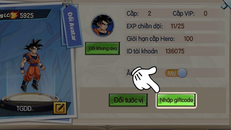 Chọn mục Nhập Giftcode