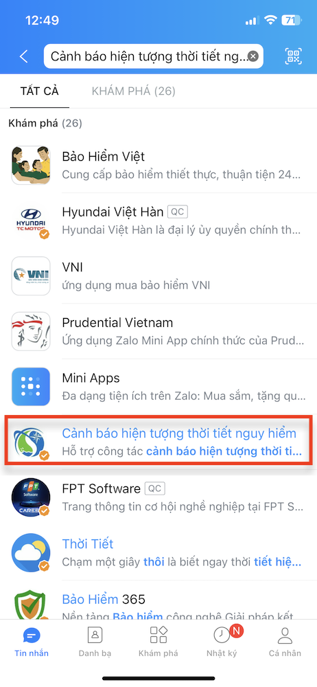 Cách nhận thông báo thời tiết nguy hiểm trên Zalo 1