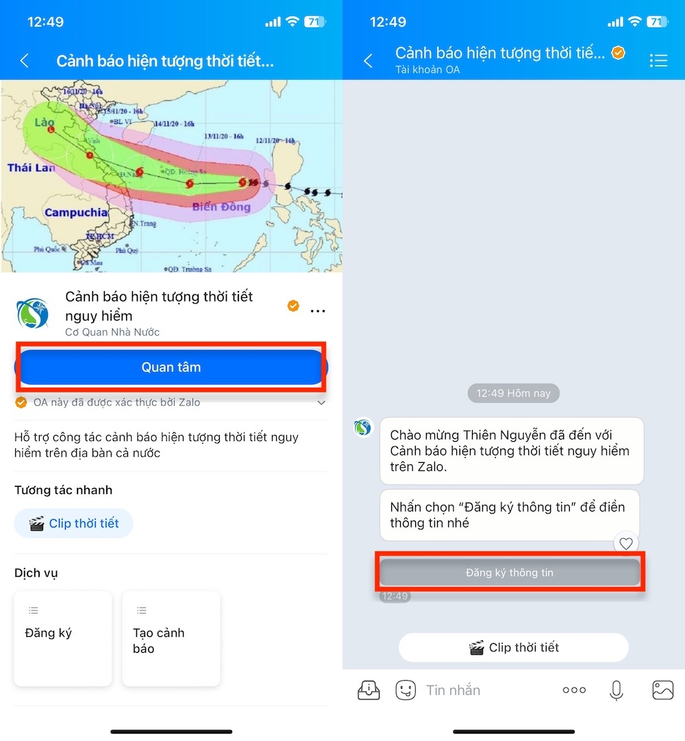Cách nhận thông báo thời tiết nguy hiểm trên Zalo 2