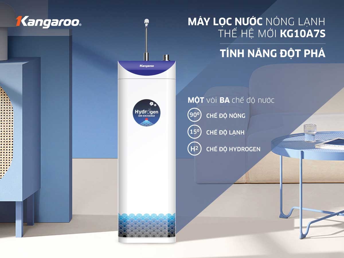 Máy lọc nước RO Hydrogen Kangaroo KG10A7S vừa mang đến nguồn nước đầu ra tinh khiết, vừa cung cấp cả nước nóng lạnh tiện lợi.