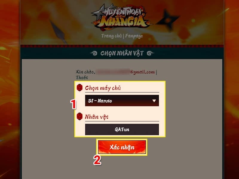 Chọn máy chủ và tên nhân vật của mình