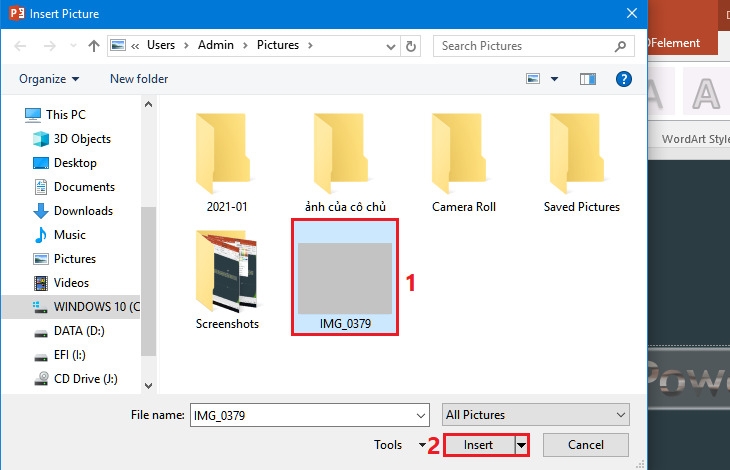 Lồng chữ vào ảnh rồi nhấn Insert