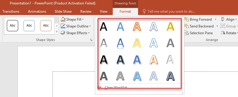 Tìm và chọn hiệu ứng chữ yêu thích trước khi tham khảo cách làm chữ cong trong PowerPoint