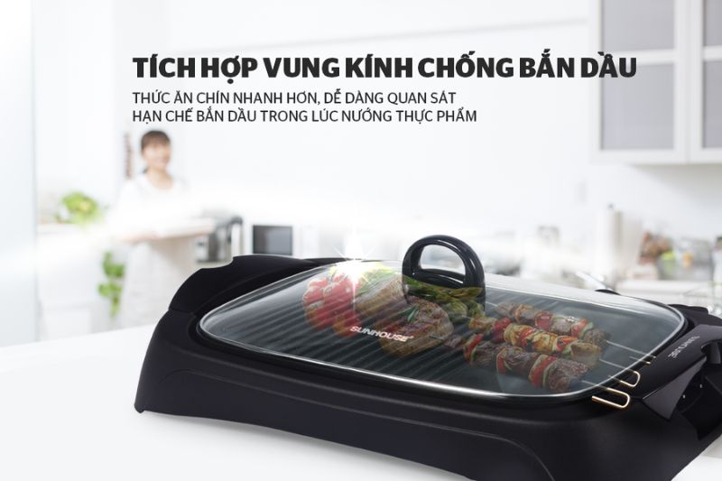Cấu tạo bếp nướng điện&nbsp;gồm nắp đậy kính cường lực
