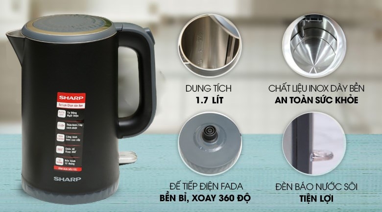 Ấm đun siêu tốc Sharp EKJ-17EVPS-BK được trang bị 2 lớp cách nhiệt, hoạt động ở công suất cao giúp làm nóng nước cấp tốc.