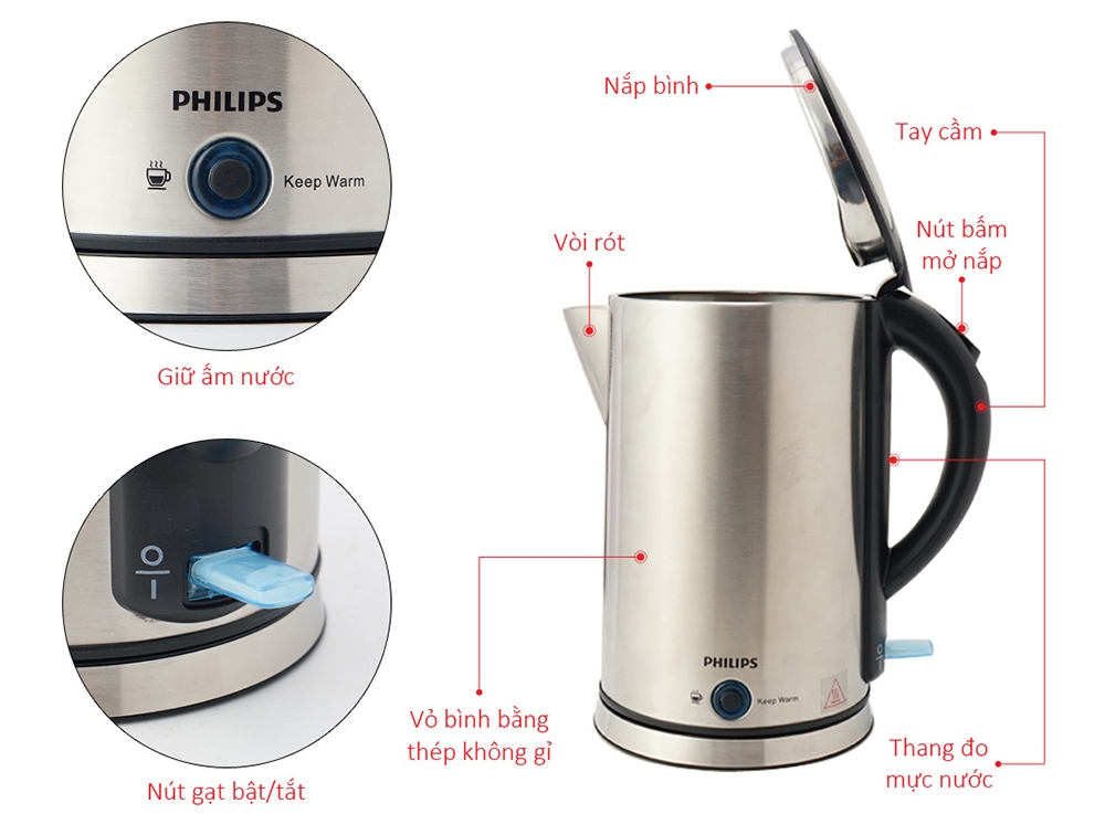 Ấm siêu tốc Philips HD9316 có thiết kế thon gọn, sang trọng, giữ nhiệt cao