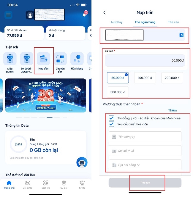 Cách nạp tiền điện thoại MobiFone qua app My MobiFone