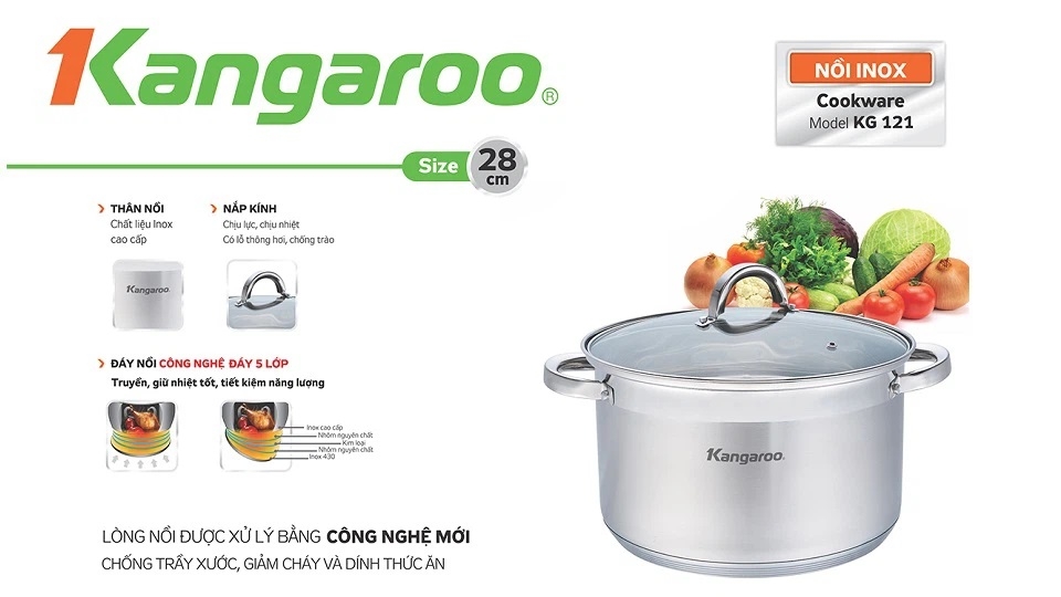 Nồi Inox 5 đáy nắp kính 28 cm Kangaroo KG121