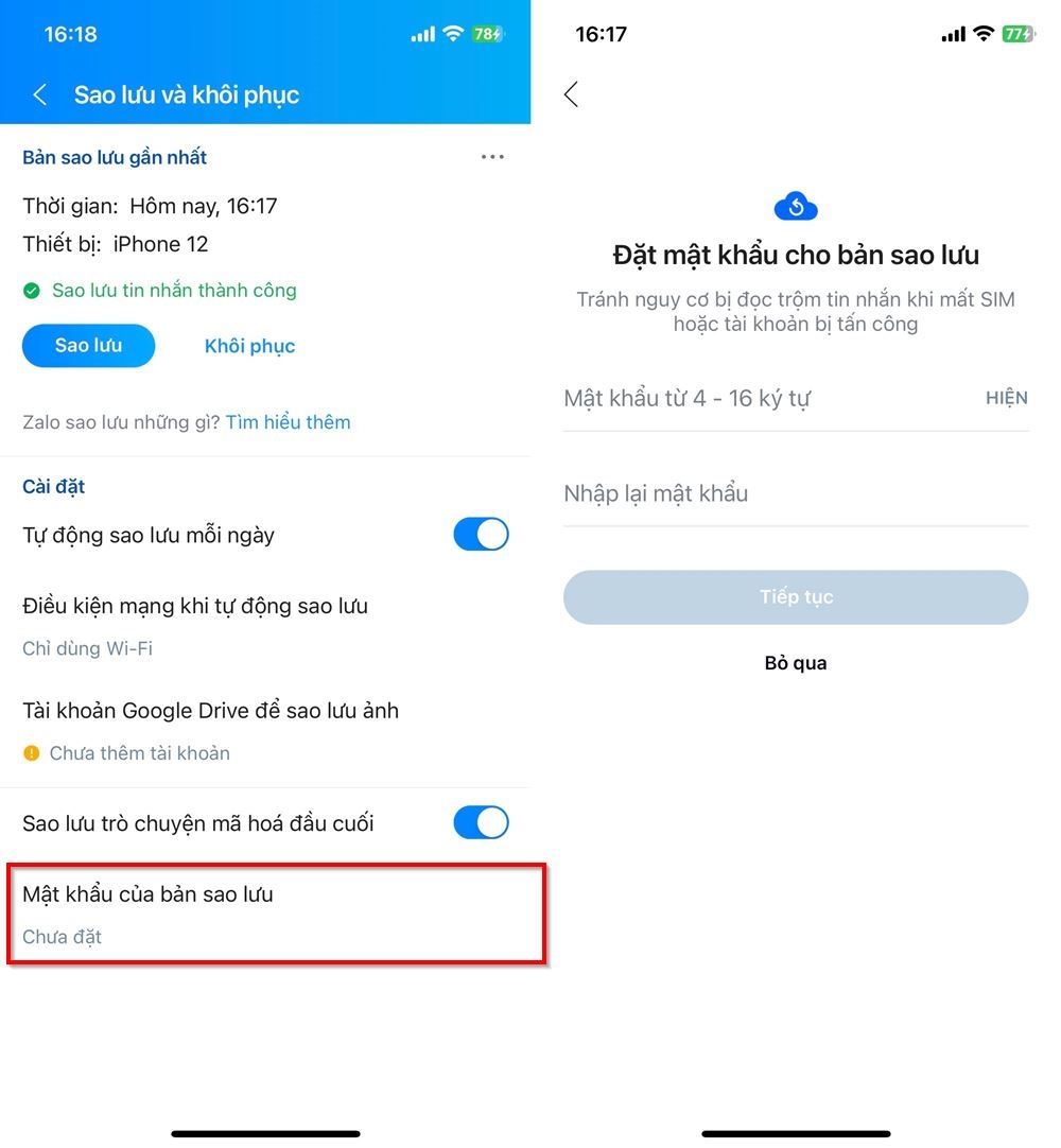 Cách đặt mật khẩu sao lưu Zalo 2