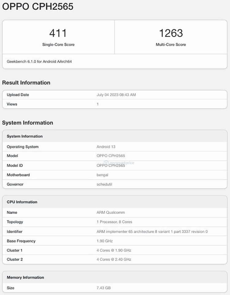 OPPO A78 4G lộ cấu hình trên Geekbench