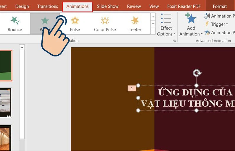 Chọn vào tab Animations để bắt đầu thêm hiệu ứng