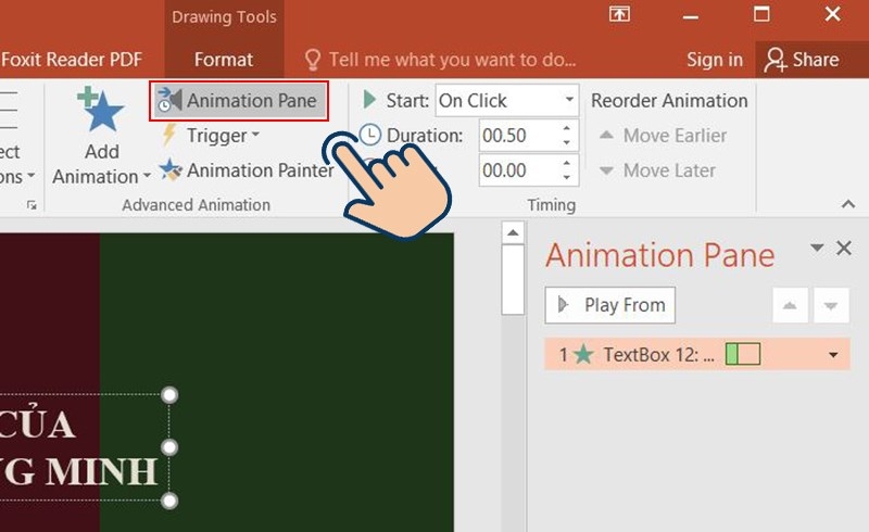 Ấn Animation Pane để hiện khung chỉnh hiệu ứng