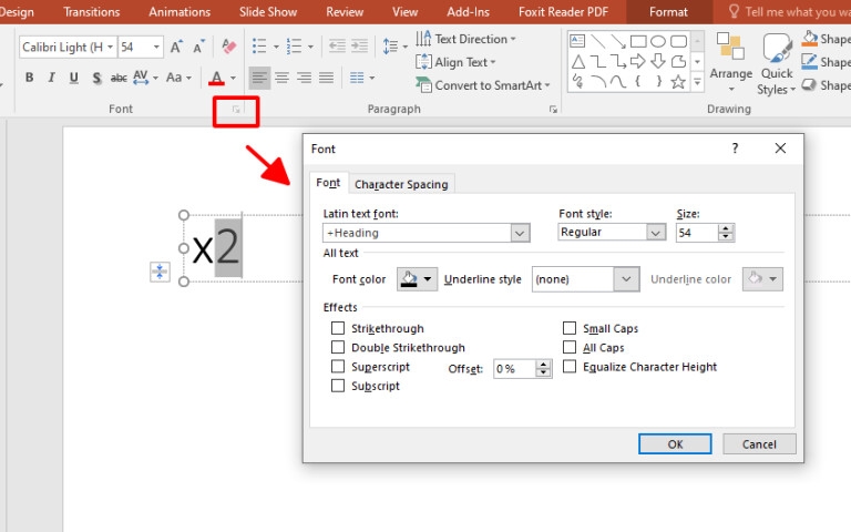 Sử dụng mũi tên mở rộng trong nhóm Font để tạo số mũ