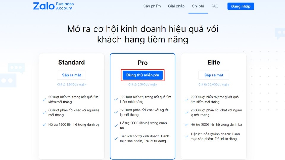 Chọn 'Dùng thử miễn phí' trong gói Pro