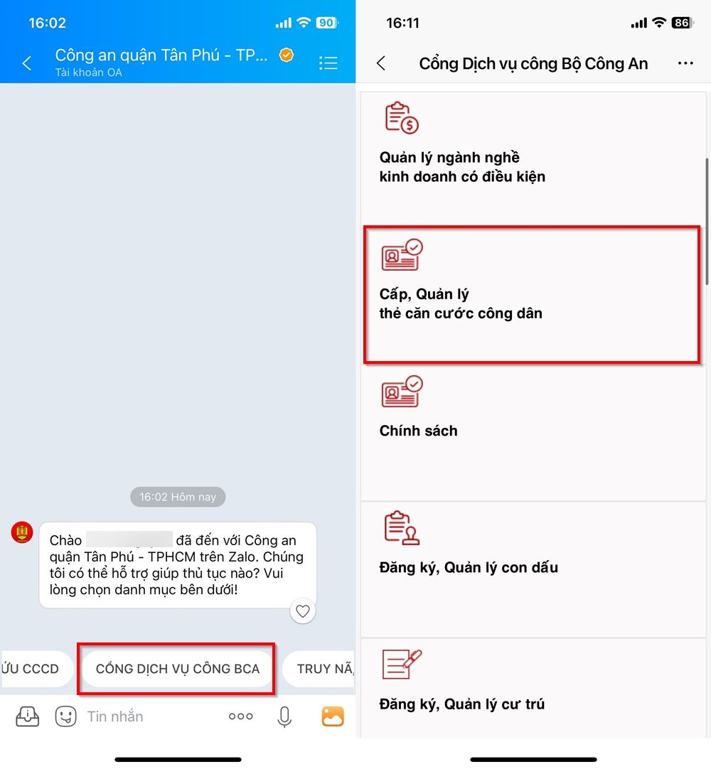 Cách đổi thẻ căn cước công dân trên ứng dụng Zalo 2